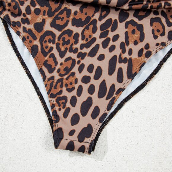 B252 Brown Spaghetti Straps Ruched Leopard Bodysuit - Picture 14 of 16